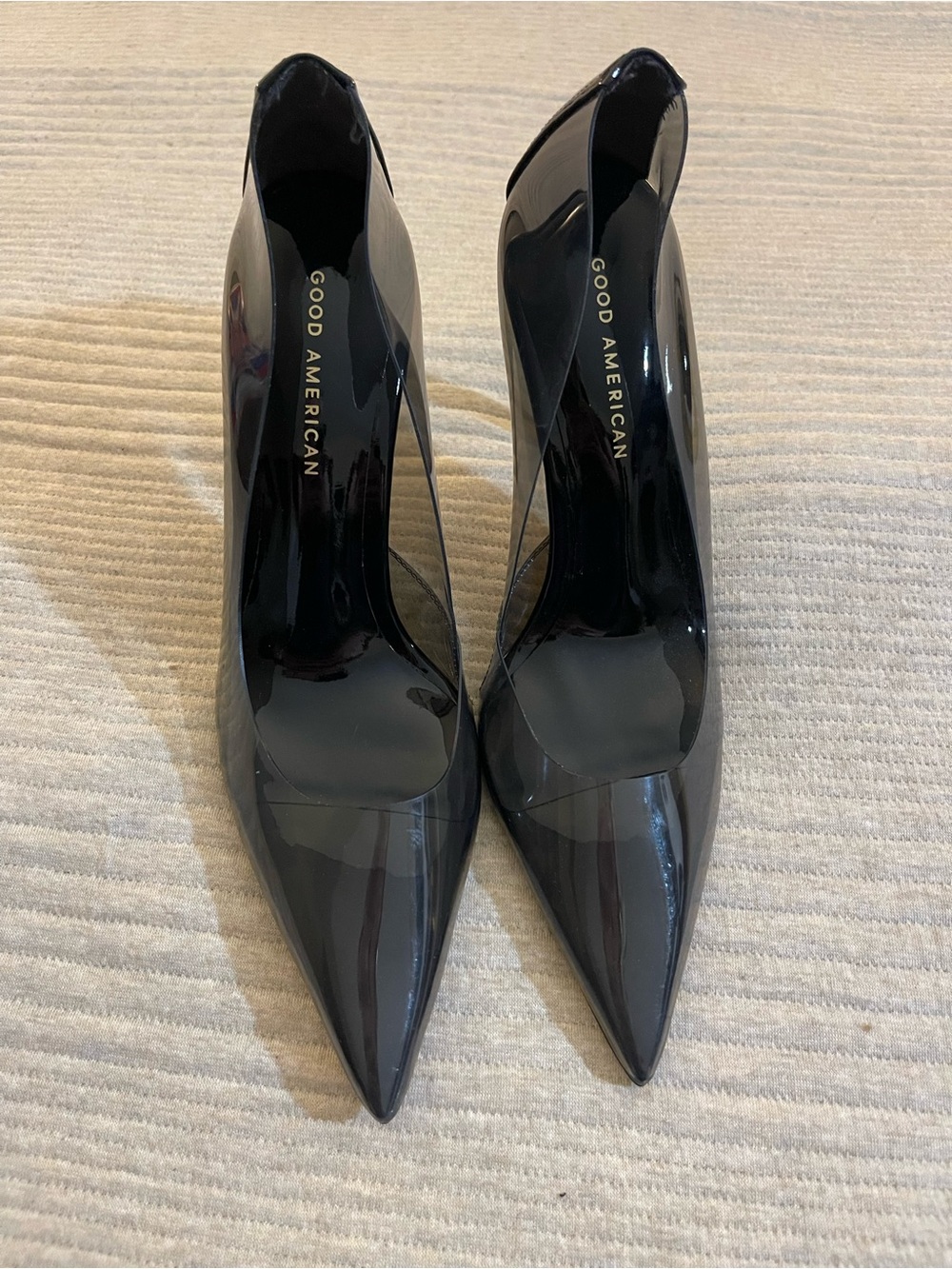 Good American Black Pointed PVC Clear Panel Stiletto Heels